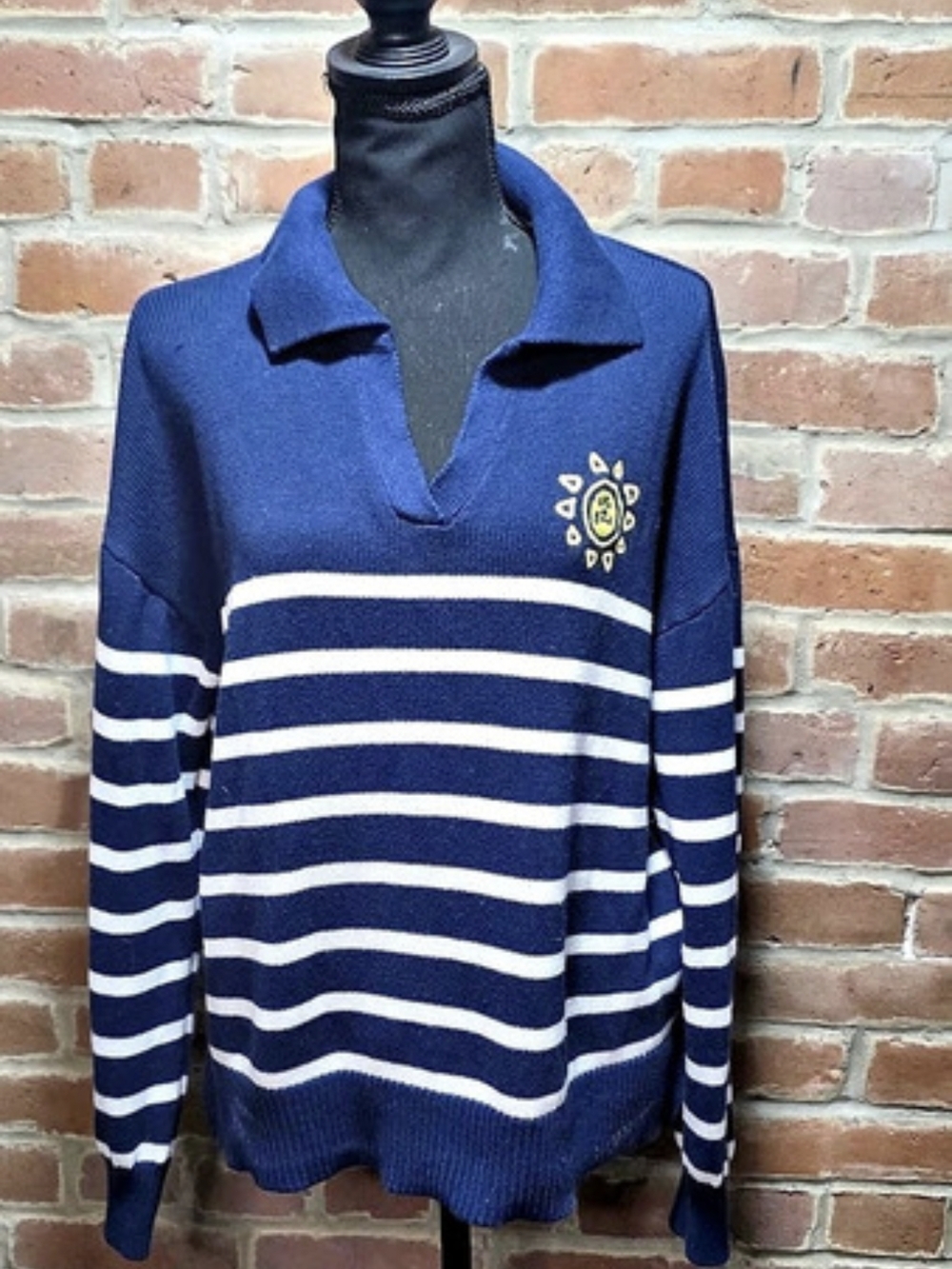 Life Is Good Navy White Striped Polo Collared Knit Sweater Size Large
